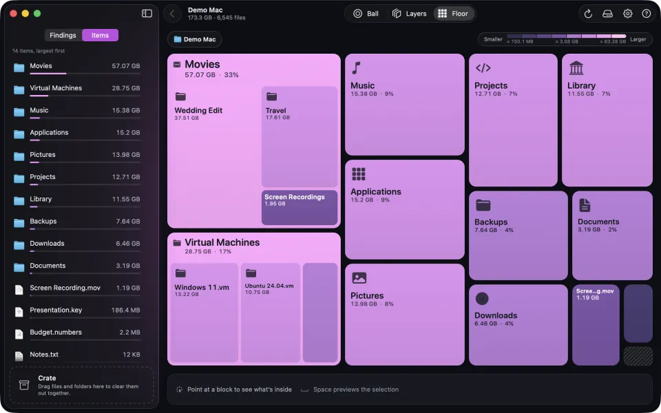 Floor view in the Gradient style, Studio theme, coloured by size: every block is a shade of violet, pale for small and deep for big. The key reads Smaller to Larger.