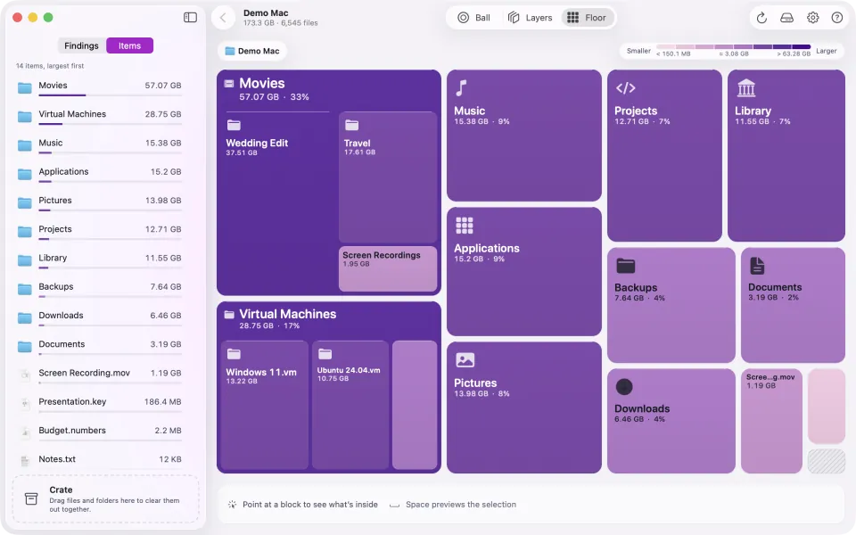 Floor view in the Gradient style, Studio theme, coloured by size: every block is a shade of violet, pale for small and deep for big. The key reads Smaller to Larger.