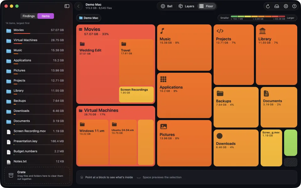 The same Floor view in the Multicolour style, Traffic theme, coloured by size: Movies and Virtual Machines are red, most folders orange, Screen Recordings yellow and the smallest file green. The key runs from green to red.