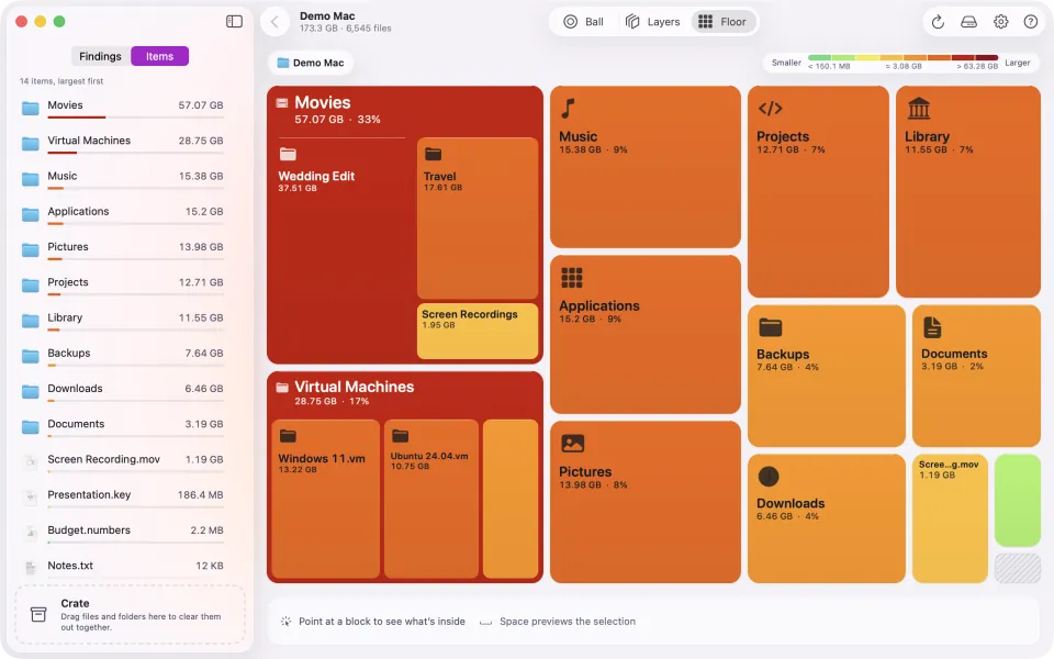 The same Floor view in the Multicolour style, Traffic theme, coloured by size: Movies and Virtual Machines are red, most folders orange, Screen Recordings yellow and the smallest file green. The key runs from green to red.