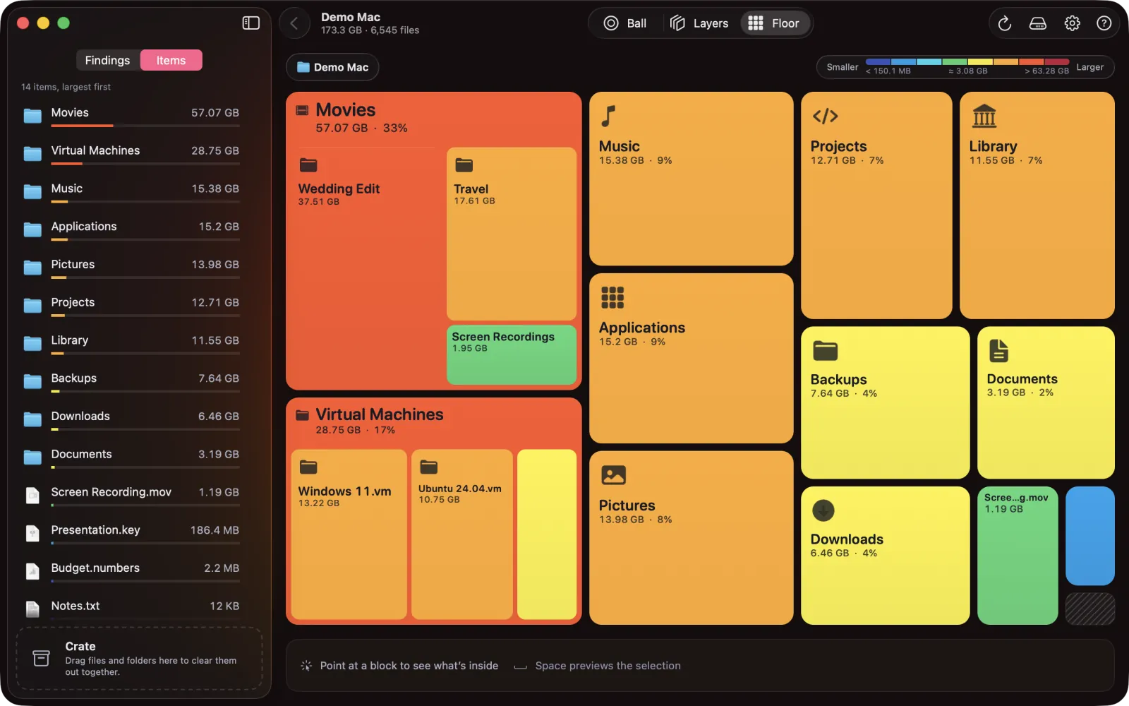 Floor view in the Heat theme: Movies and Virtual Machines are red blocks, Music, Applications, Pictures, Projects and Library orange, Backups, Documents and Downloads yellow, Screen Recordings green and the smallest files blue.