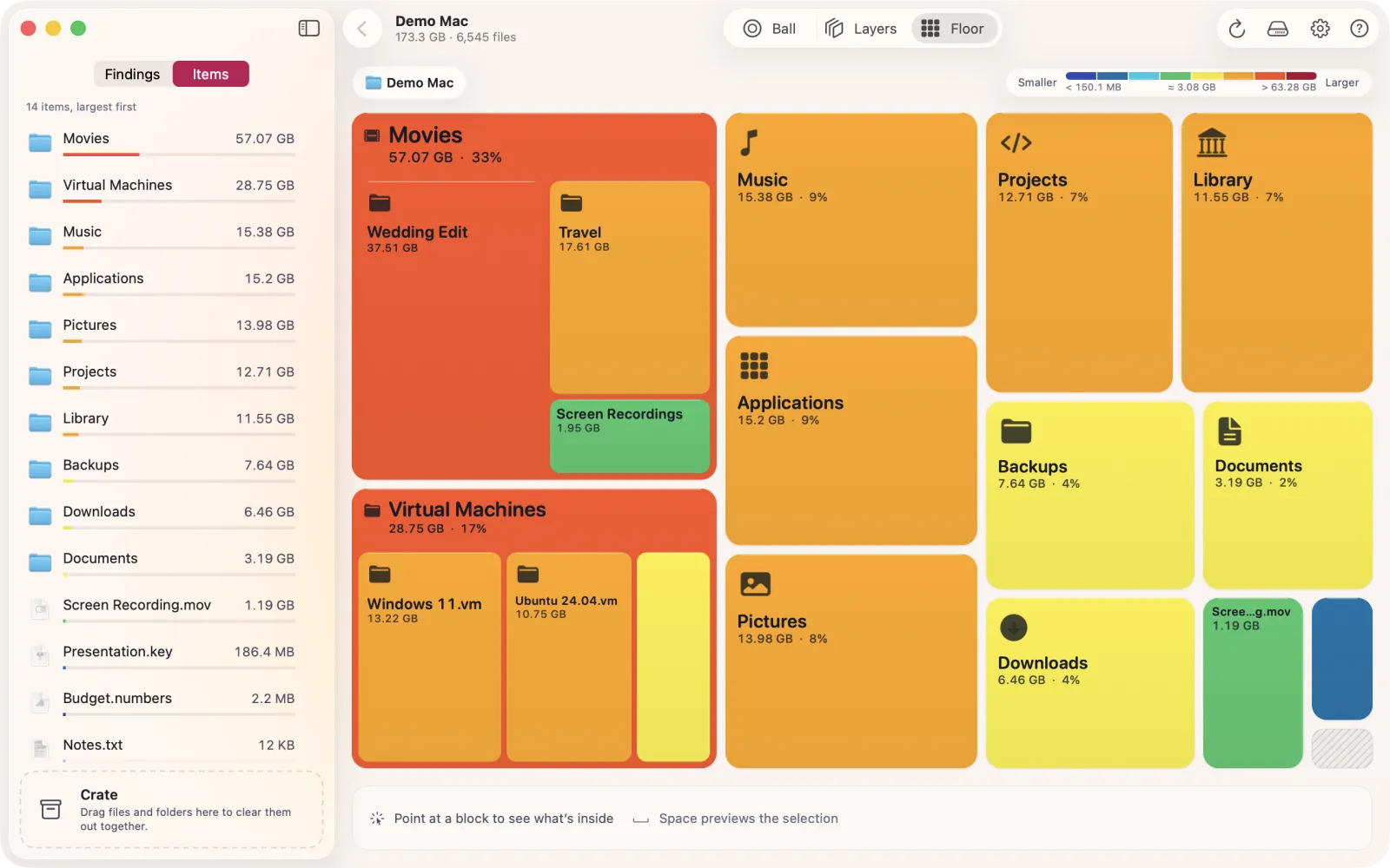 Floor view in the Heat theme: Movies and Virtual Machines are red blocks, Music, Applications, Pictures, Projects and Library orange, Backups, Documents and Downloads yellow, Screen Recordings green and the smallest files blue.