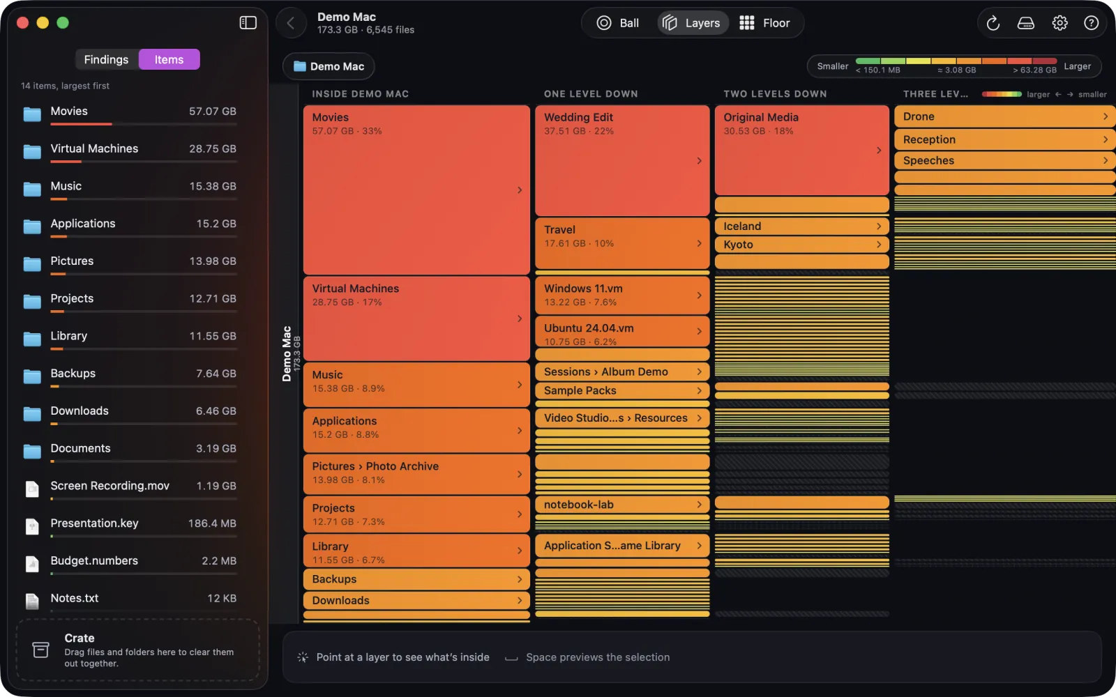 Layers view: four columns headed Inside Demo Mac, One level down, Two levels down and Three levels down. Movies, 57.07 GB or 33%, and Virtual Machines are red; Music, Applications, Pictures, Projects and Library are orange; the many small items further right are yellow and green.