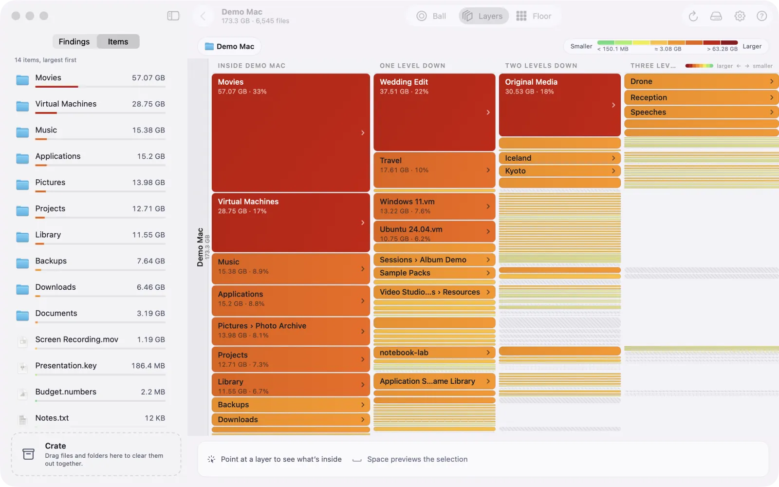 Layers view: four columns headed Inside Demo Mac, One level down, Two levels down and Three levels down. Movies, 57.07 GB or 33%, and Virtual Machines are red; Music, Applications, Pictures, Projects and Library are orange; the many small items further right are yellow and green.