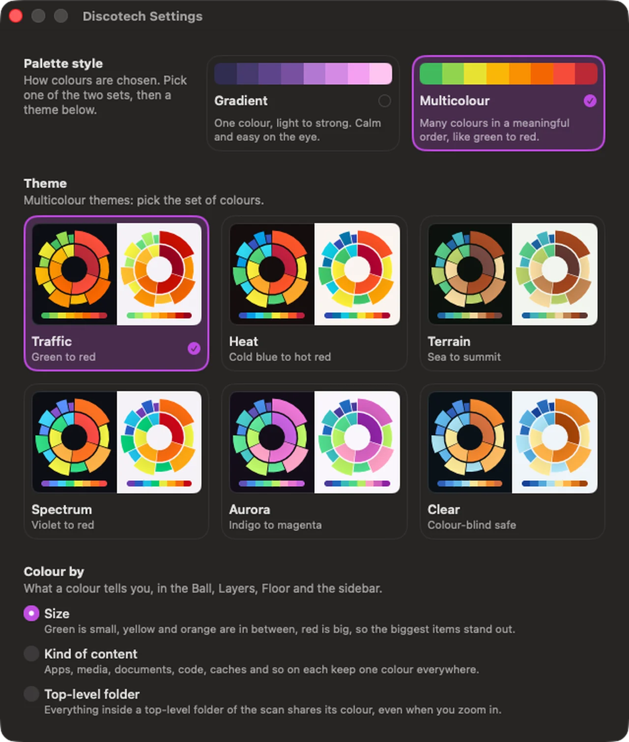 The Discotech Settings window. Palette style offers two cards, Gradient and Multicolour, with Multicolour selected. Below are six theme cards: Traffic (green to red, selected), Heat (cold blue to hot red), Terrain (sea to summit), Spectrum (violet to red), Aurora (indigo to magenta) and Clear (colour-blind safe). Below, Colour by offers Size (selected), Kind of content and Top-level folder.