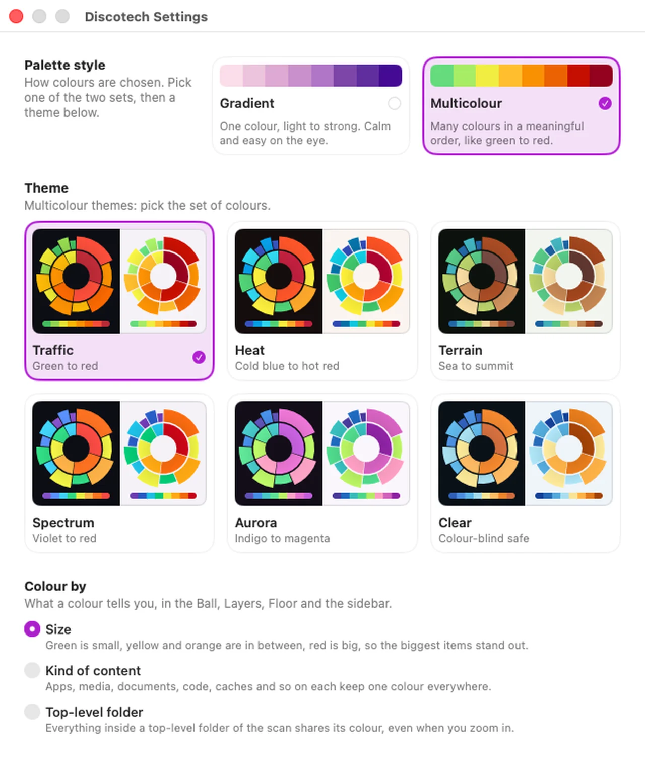 The Discotech Settings window. Palette style offers two cards, Gradient and Multicolour, with Multicolour selected. Below are six theme cards: Traffic (green to red, selected), Heat (cold blue to hot red), Terrain (sea to summit), Spectrum (violet to red), Aurora (indigo to magenta) and Clear (colour-blind safe). Below, Colour by offers Size (selected), Kind of content and Top-level folder.